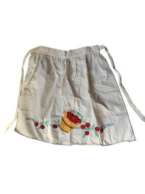 Vintage Hand Embroidered Cherry Basket Waist Apron